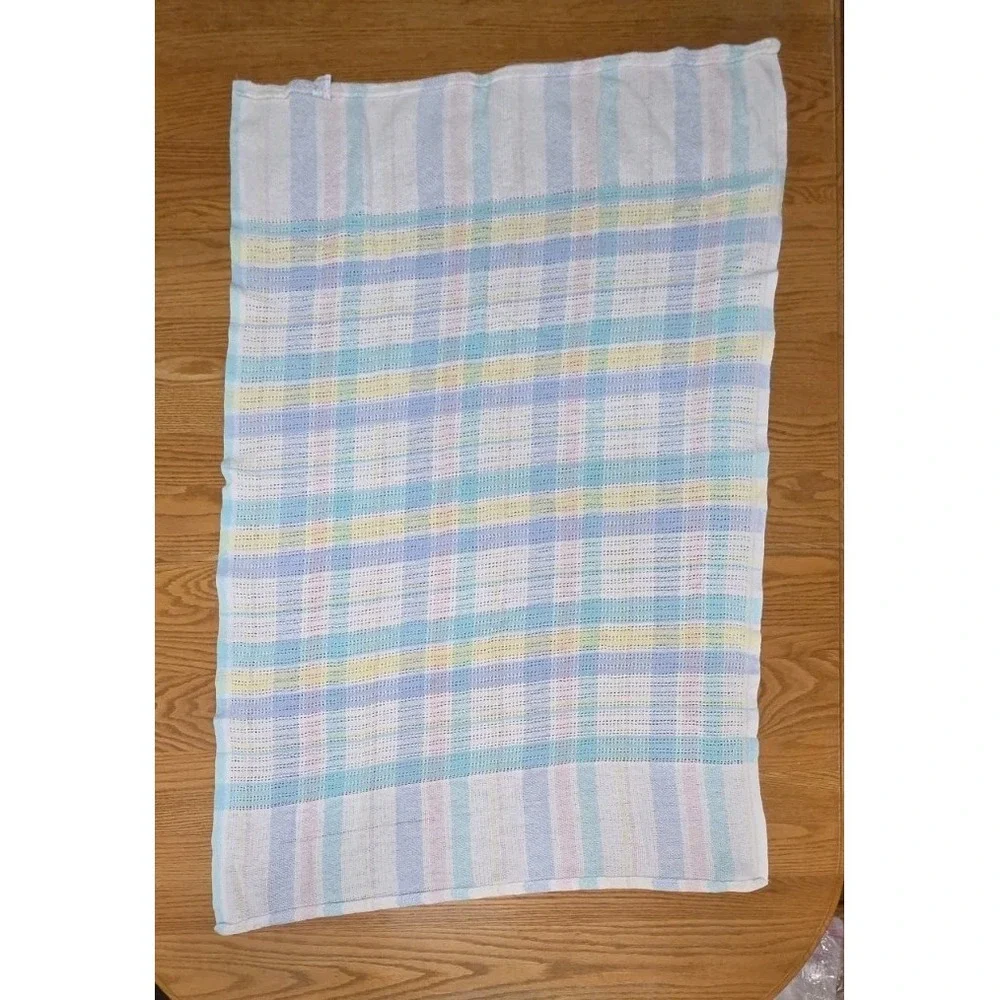 Vintage Beacon WPL 1675 Pastel Plaid Baby Blanket Blue Pink Yellow Cotton USA